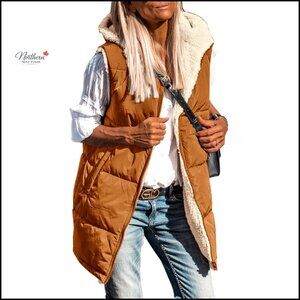 Sleeveless Fleece Zip-Up Hoodie Vest with Pockets, Lined Plush, Reversible